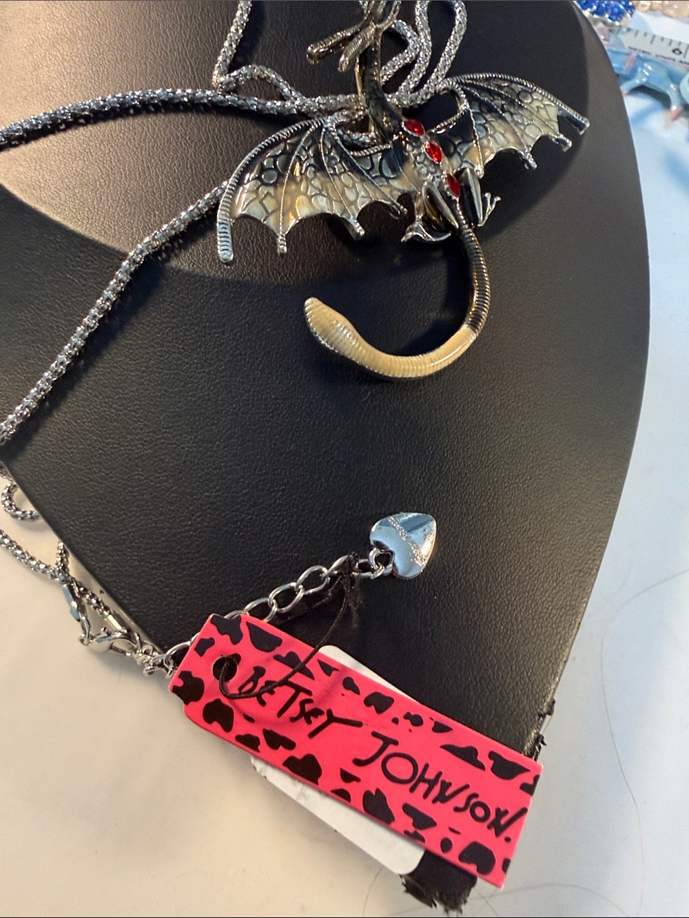 Betsey Johnson Black & Silver Dragon Brooch & Pendant Necklace w/Red accent NWT - Picture 4 of 4